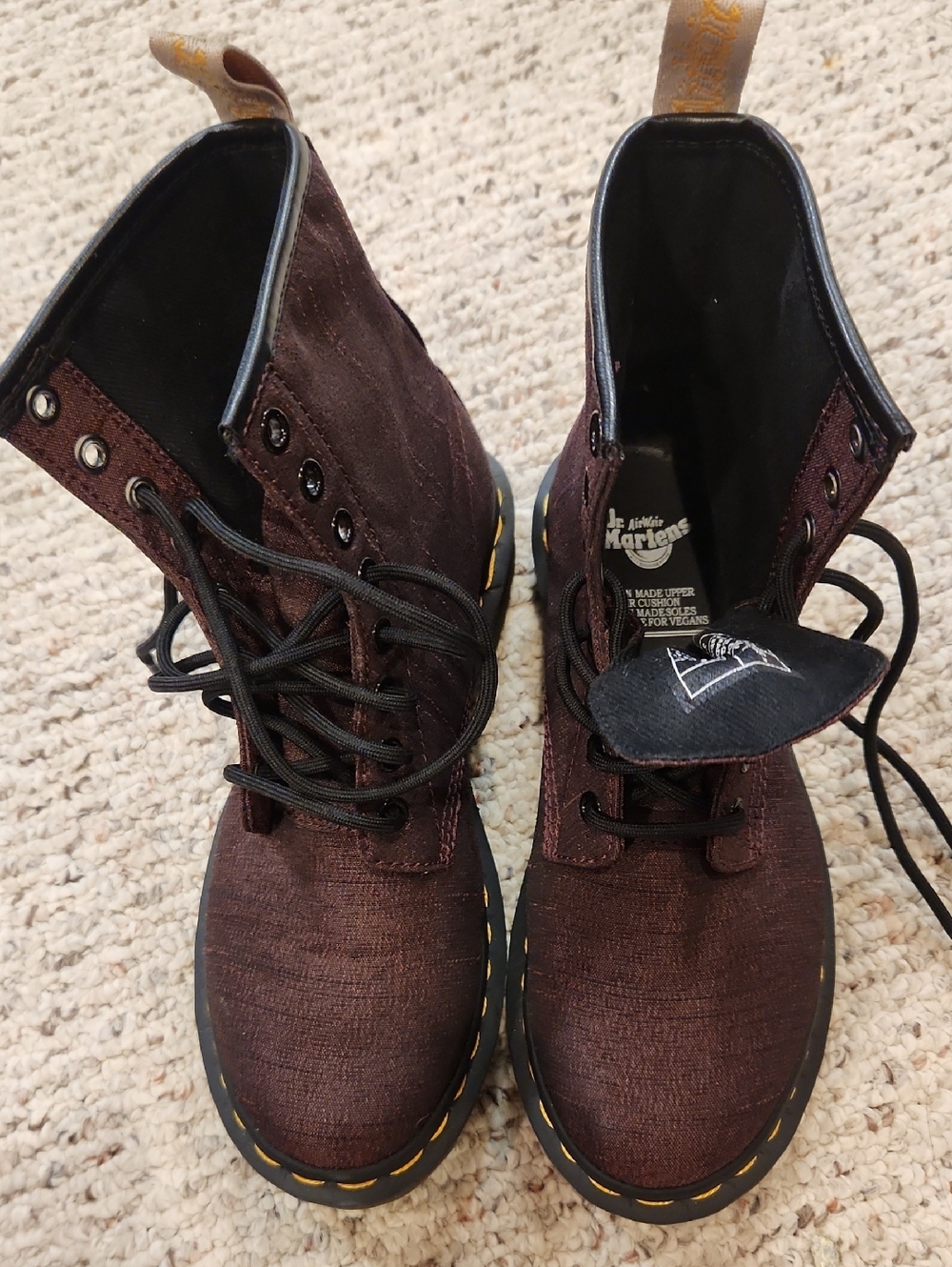Dr. Martens Airwair Women's Dark Brown Canvas Boots with Yellow Stitching SZ. 6